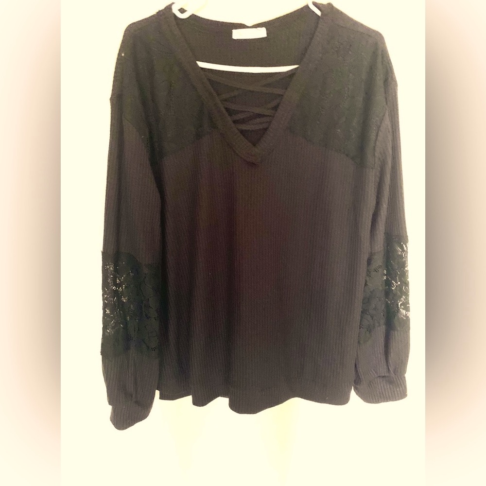 NWT Kirundo lightweight tunic sweater V-neck criss-cross crochet waffle-knit xl - Picture 2 of 10